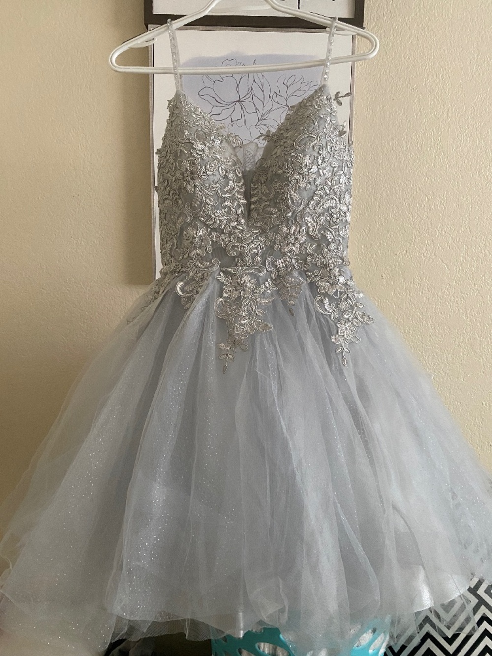 JAEDEN Silver Embroidered Floral Lace & Glitter Tulle A-Line Party Dress - NWT